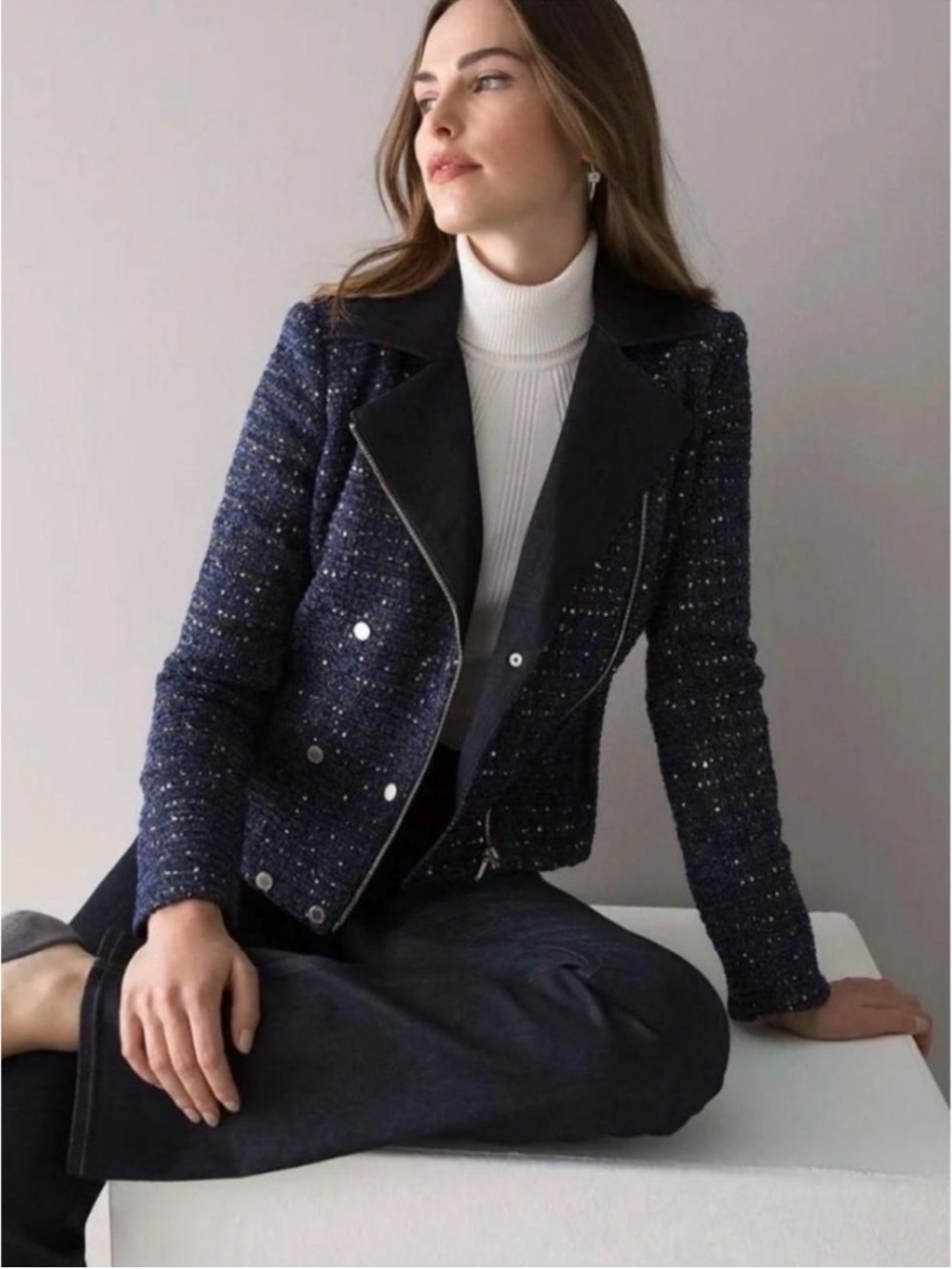 White House Black Market Navy Tweed Jacket with Black Lapel